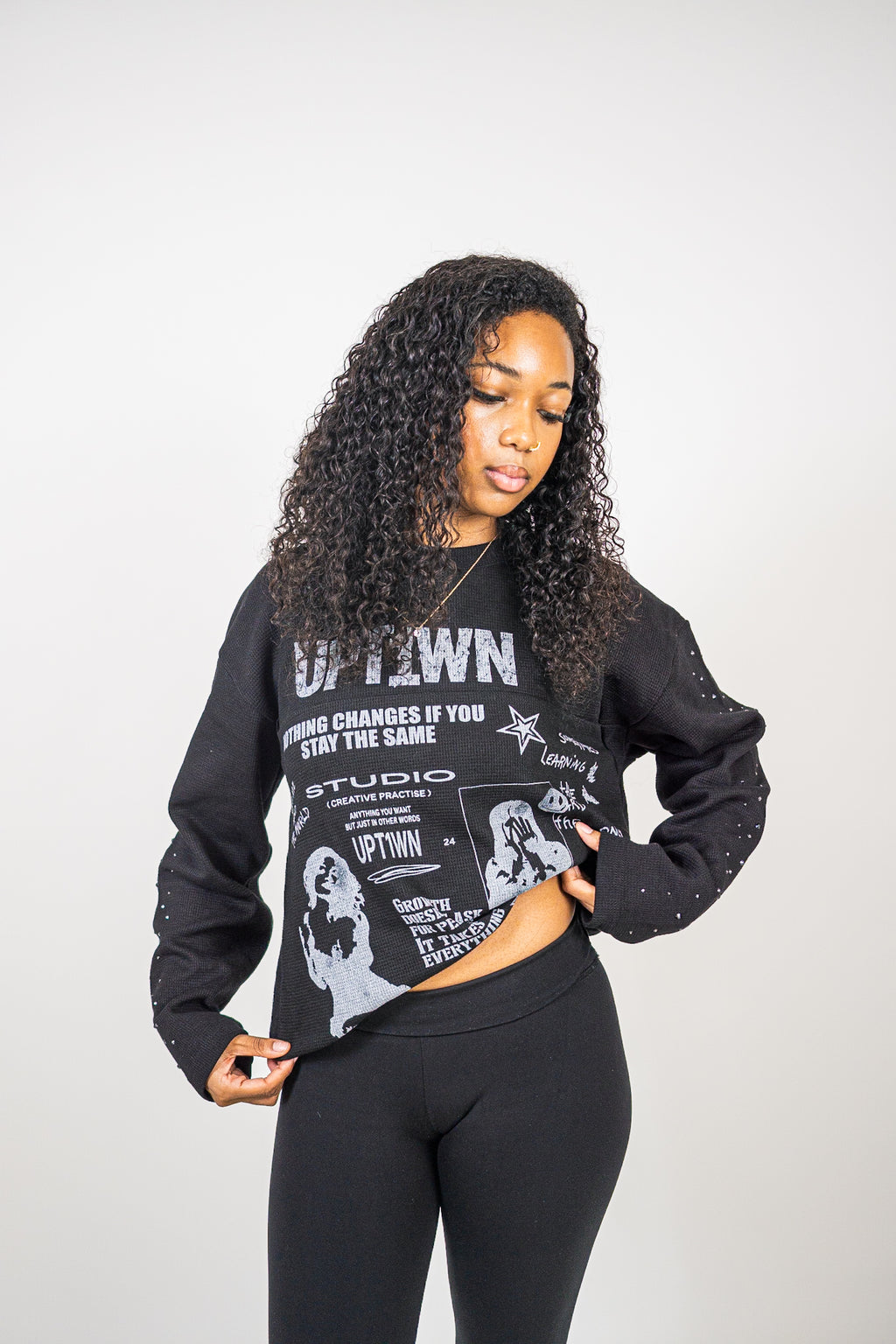 UPT1WN "STAY THE SAME" Long Sleeve Waffle Tee - Black