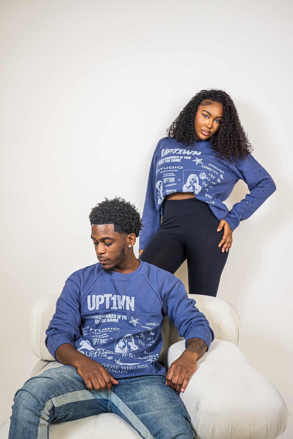 UPT1WN "STAY THE SAME" Long Sleeve Waffle Tee - Midnight Navy